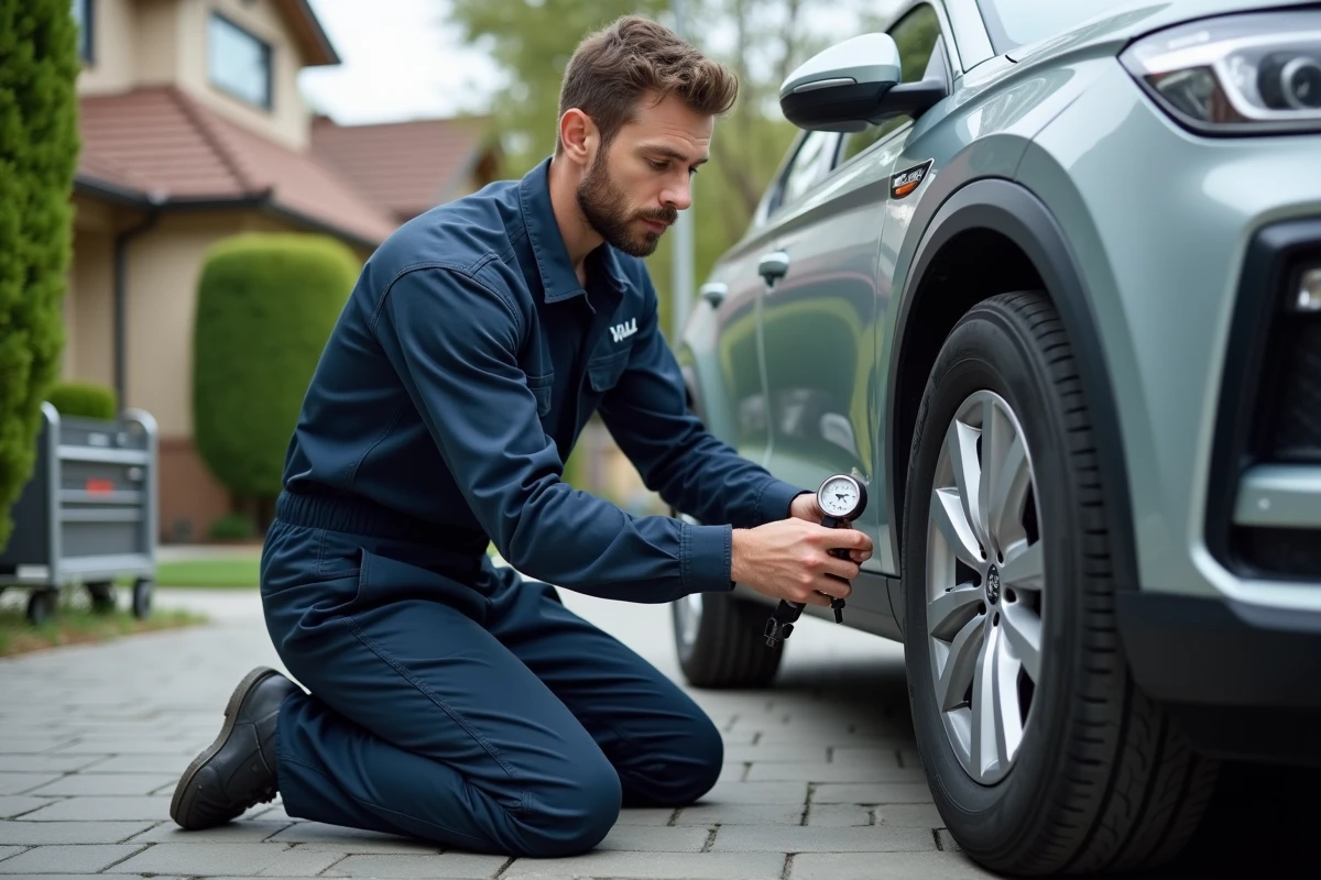 Mécanicien homme en overalls vérifiant la pression d'un pneu de voiture