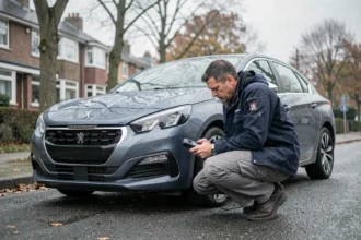 Mécanicien diagnostiquant une Peugeot 2026 1.2 PureTech 130 avec scanner OBD par temps froid le matin