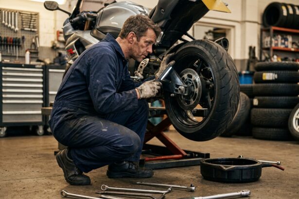 Mécanicien inspecte le pneu arrière d'une moto sur un support hydraulique dans un atelier professionnel