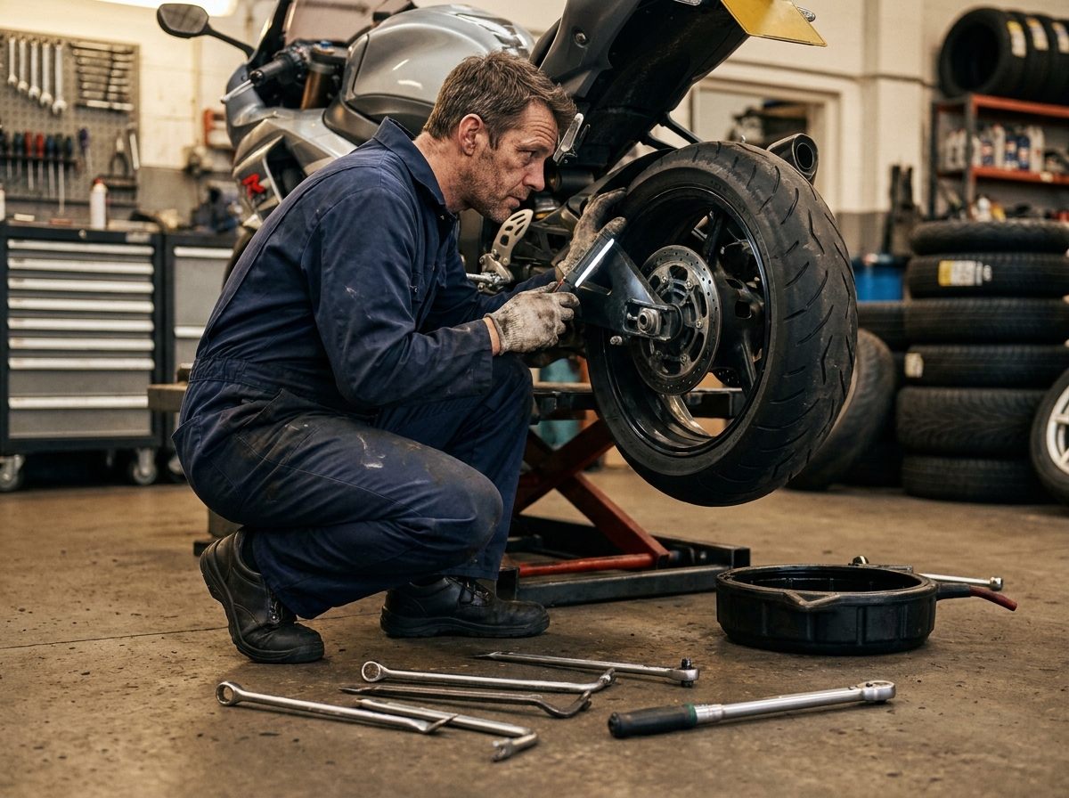 Mécanicien inspecte le pneu arrière d'une moto sur un support hydraulique dans un atelier professionnel