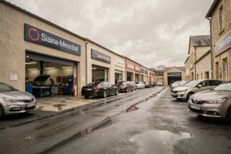 Vue d'ensemble d'une rue de garages automobiles en Seine-Maritime avec façades, véhicules garés et mécaniciens au travail