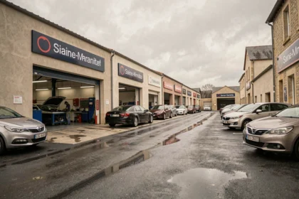 Vue d'ensemble d'une rue de garages automobiles en Seine-Maritime avec façades, véhicules garés et mécaniciens au travail