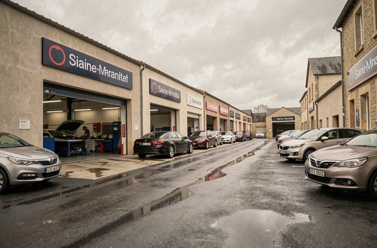 Vue d'ensemble d'une rue de garages automobiles en Seine-Maritime avec façades, véhicules garés et mécaniciens au travail