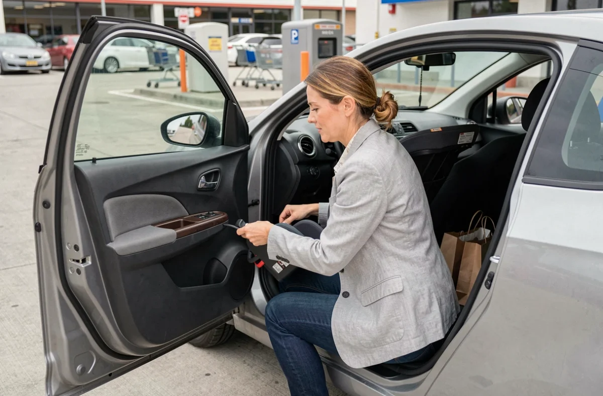 Mère installant un siège enfant dans une VSP 4 places sur un parking de supermarché