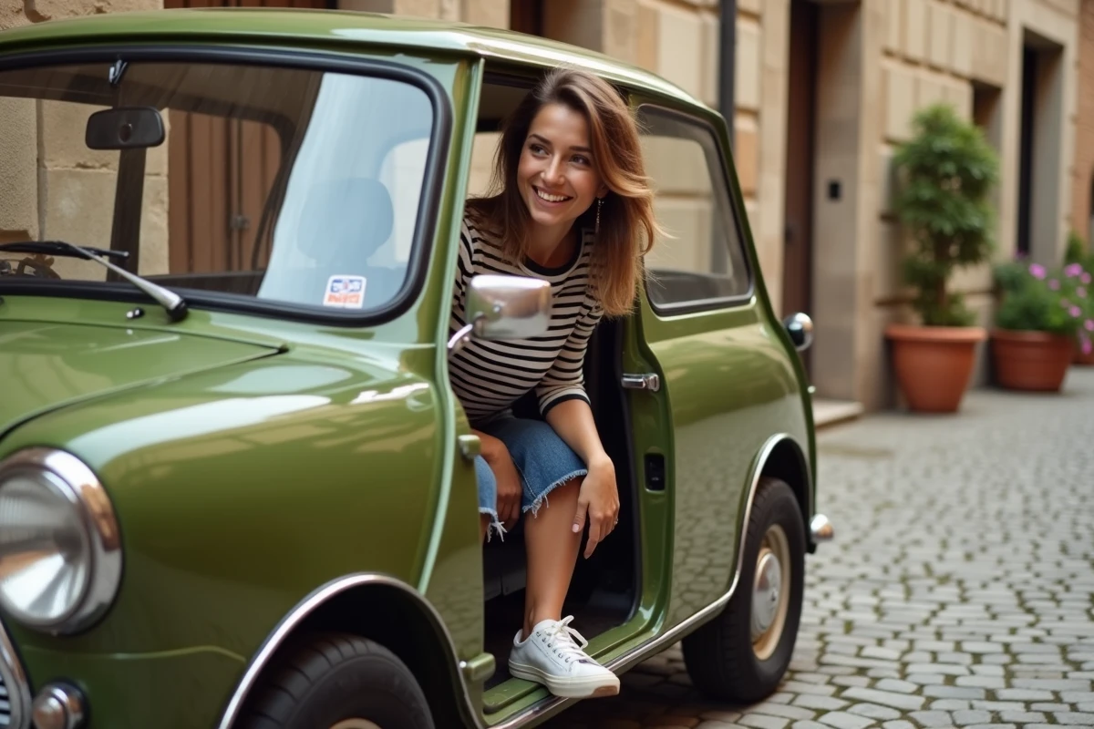 Femme découvrant une Mini Moke verte sur une place de village pavée pendant un essai routier