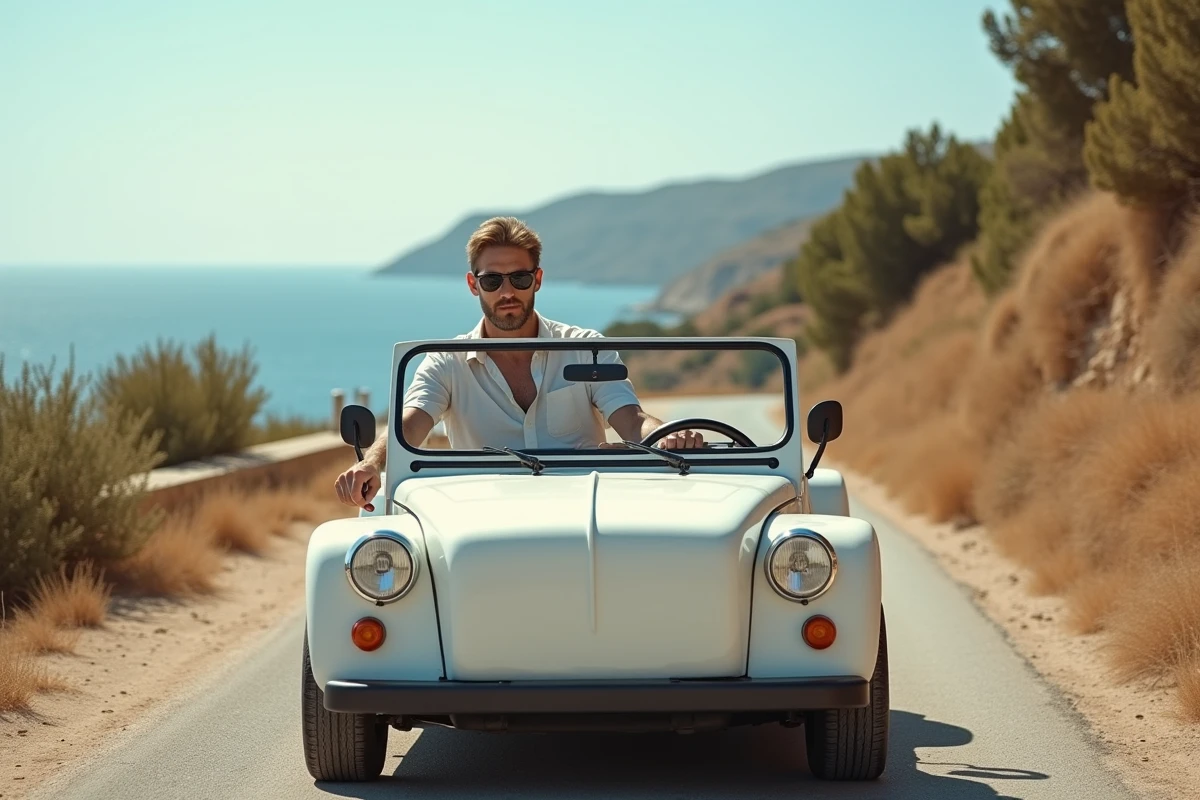 Homme au volant d'une Mini Moke blanche sur une route côtière méditerranéenne lors d'un premier essai routier