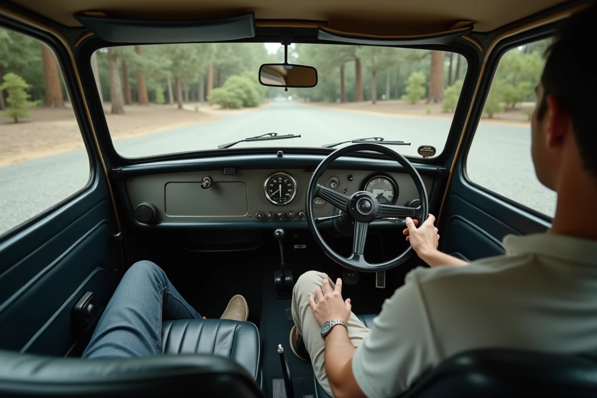 Vue intérieure du cockpit d'une Mini Moke avec tableau de bord métallique et volant vintage lors d'une prise en main
