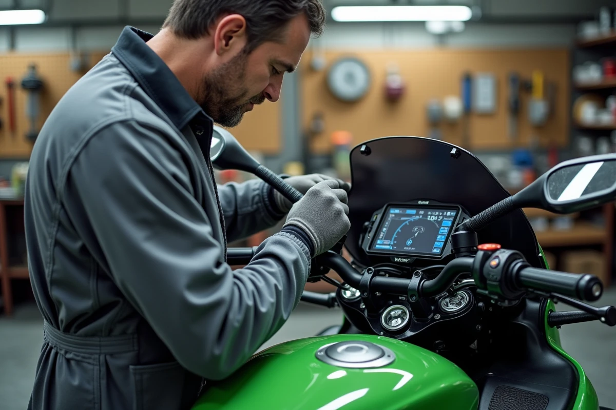 Mécanicien installant des accessoires électroniques et un support GPS sur un Kawasaki 1000 GTR en atelier