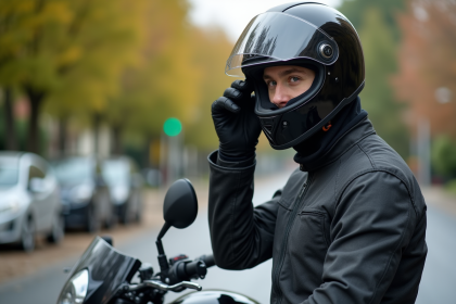 Motard jeune ajustant son casque en ville