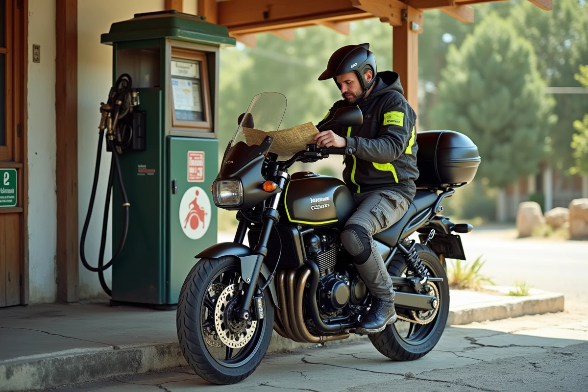 Motard en équipement touring consultant une carte routière à côté de son Kawasaki 1000 GTR modifié dans une station-service rurale