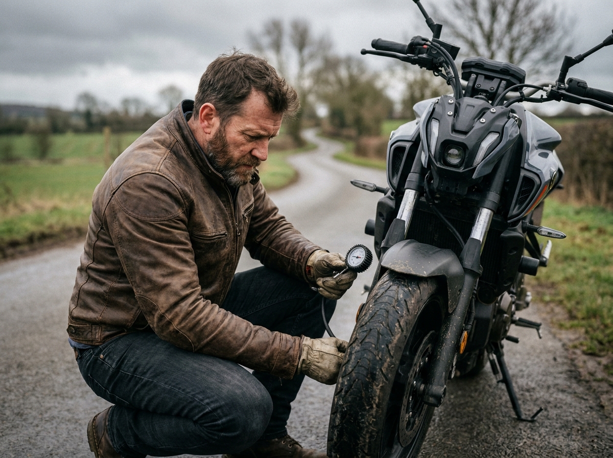 Motard vérifie les inscriptions sur le flanc d'un pneu avant de moto en bord de route à la campagne