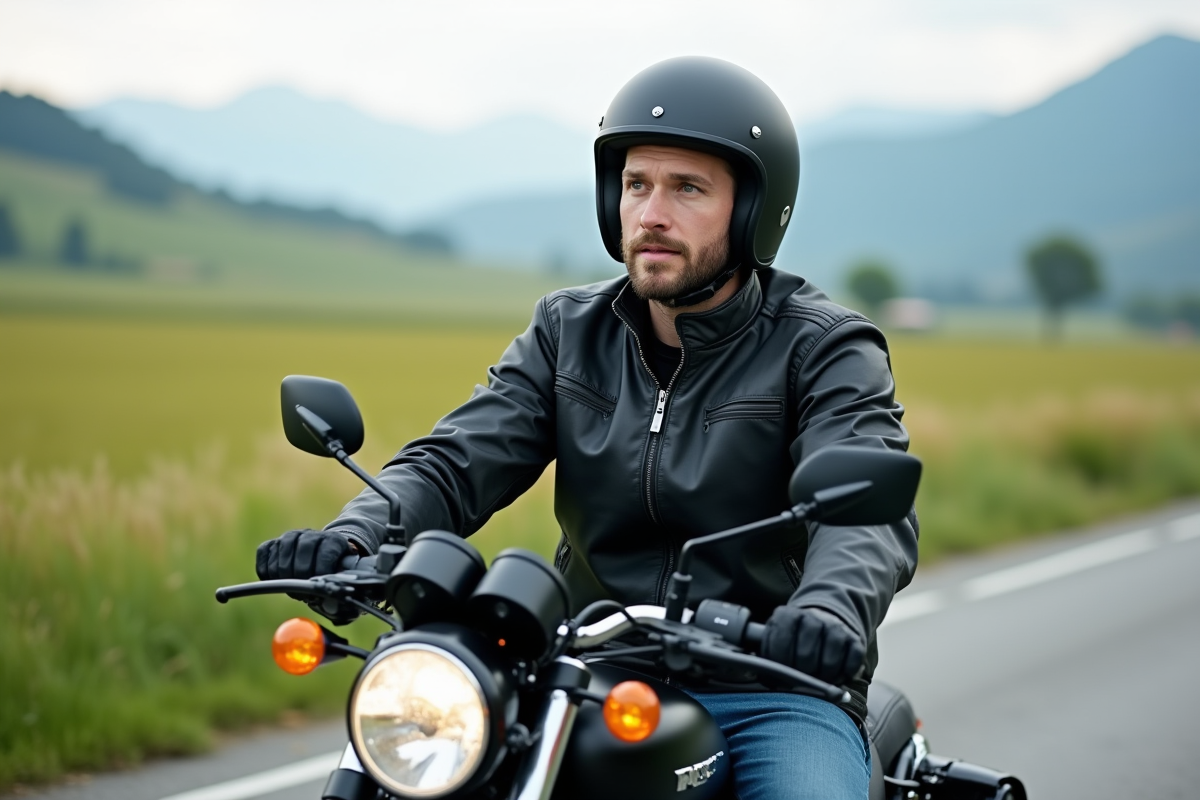 Jeune homme en moto avec casque et écouteurs en pleine nature