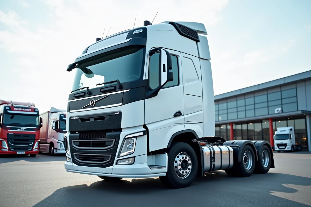 Nouveau camion poids lourd 38 tonnes Euro 6 chez un concessionnaire de véhicules industriels, illustrant les options de renouvellement de flotte avec exonérations