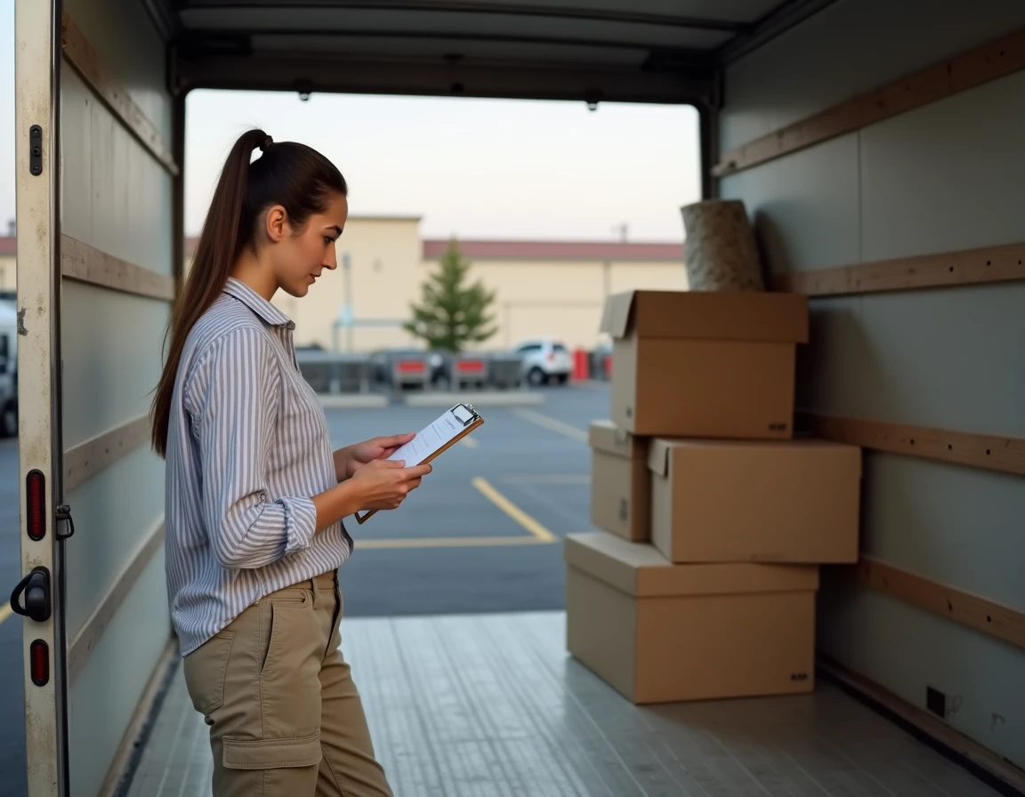 Femme organisant les cartons à l'intérieur d'un camion de location devant un supermarché Super U
