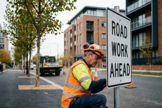 Ouvrier en vestiaire fluorescent installe un panneau routier