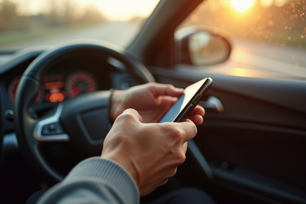 Mains utilisant un smartphone pour un paiement dans une voiture