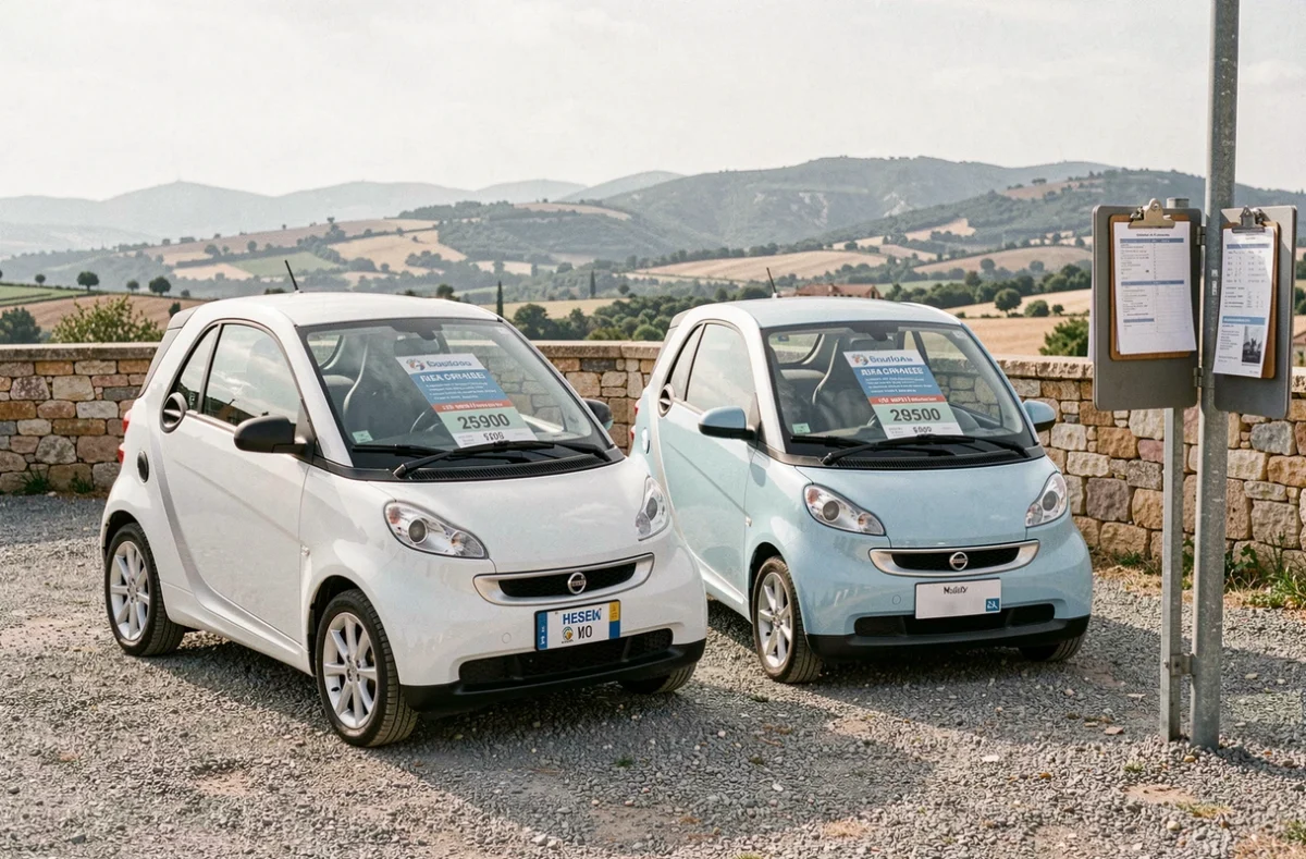 Deux voitures sans permis disponibles à la location dans un parking d'agence près d'Aix-en-Provence