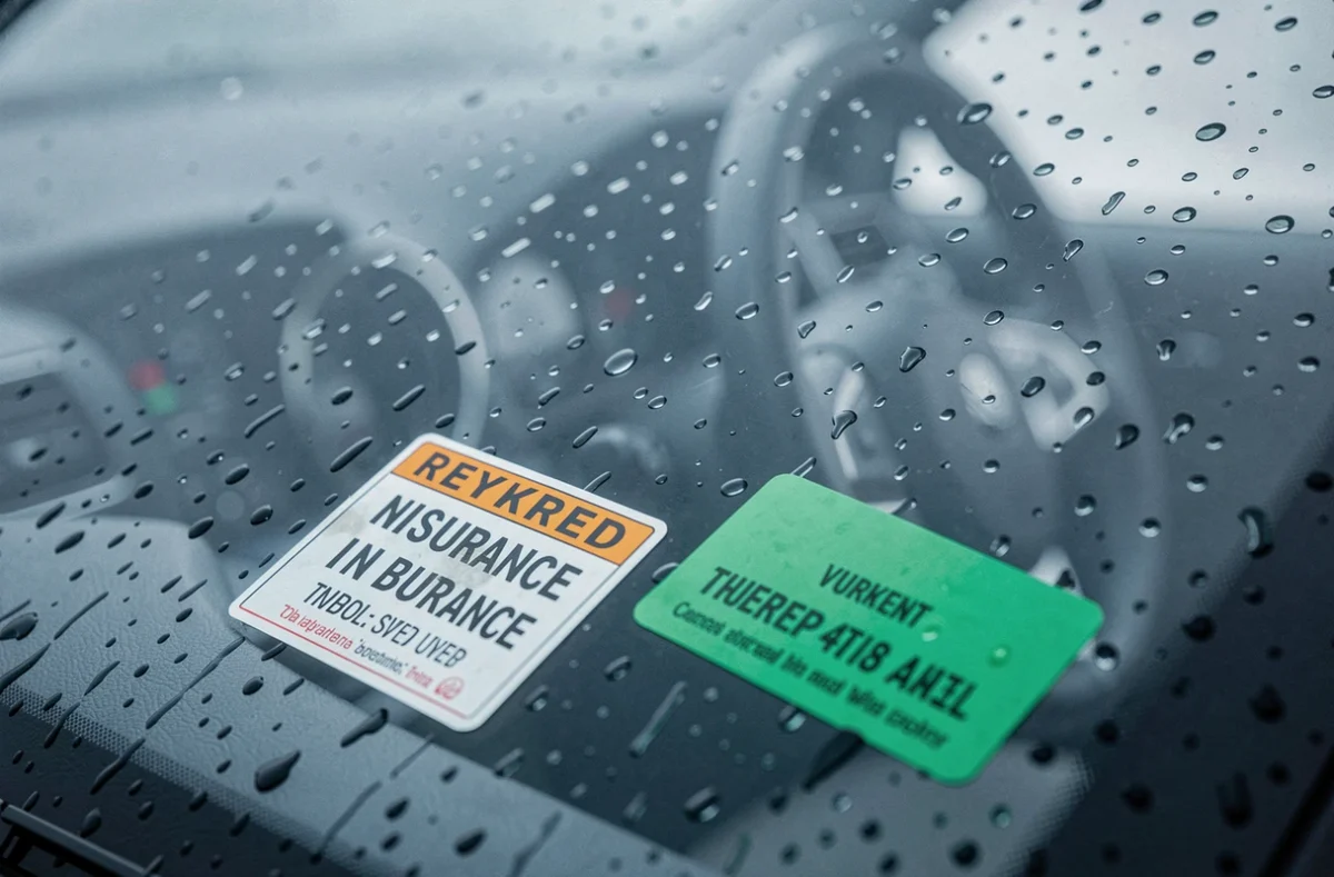 Gros plan sur le pare-brise d'une voiture avec vignette d'assurance, rappelant l'obligation légale d'assurance automobile en France
