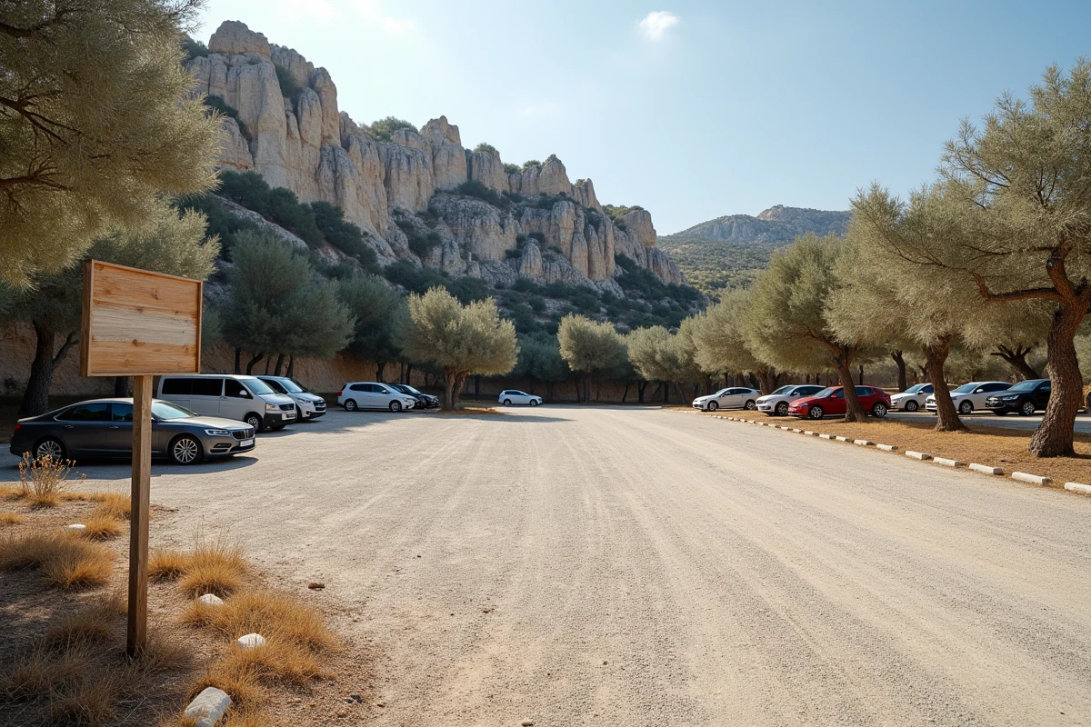 Parking quasi vide en basse saison aux Baux-de-Provence avec falaises calcaires en arrière-plan