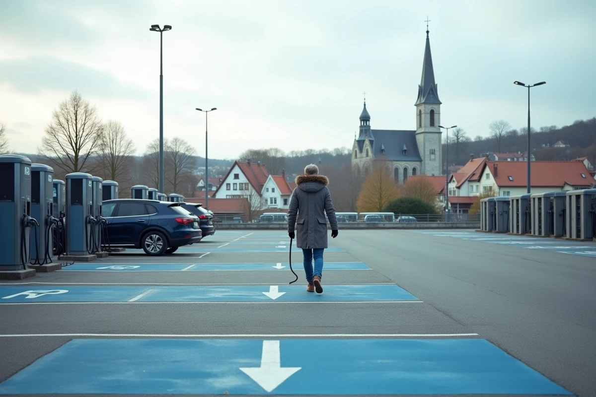 Parking à ciel ouvert avec bornes de recharge électrique et vue sur les toits de Colmar