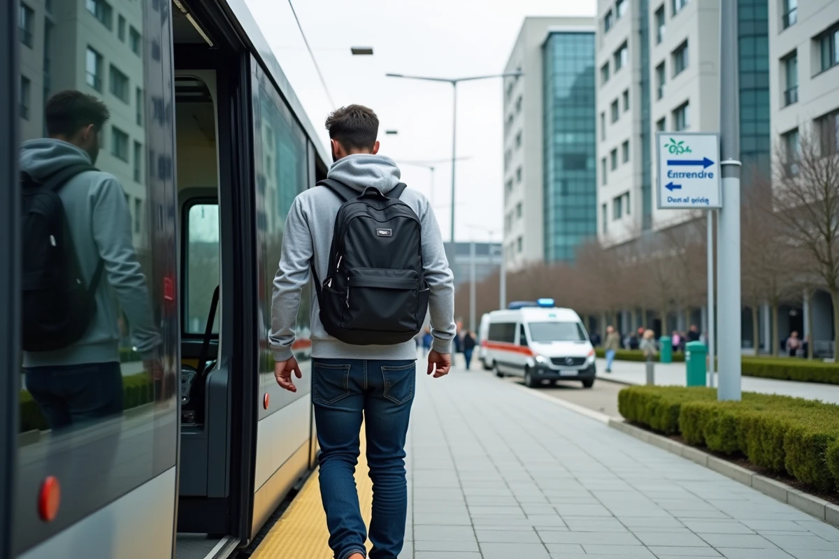 Passager descendant du tramway T5 à l'arrêt hôpital avec bâtiment médical en arrière-plan