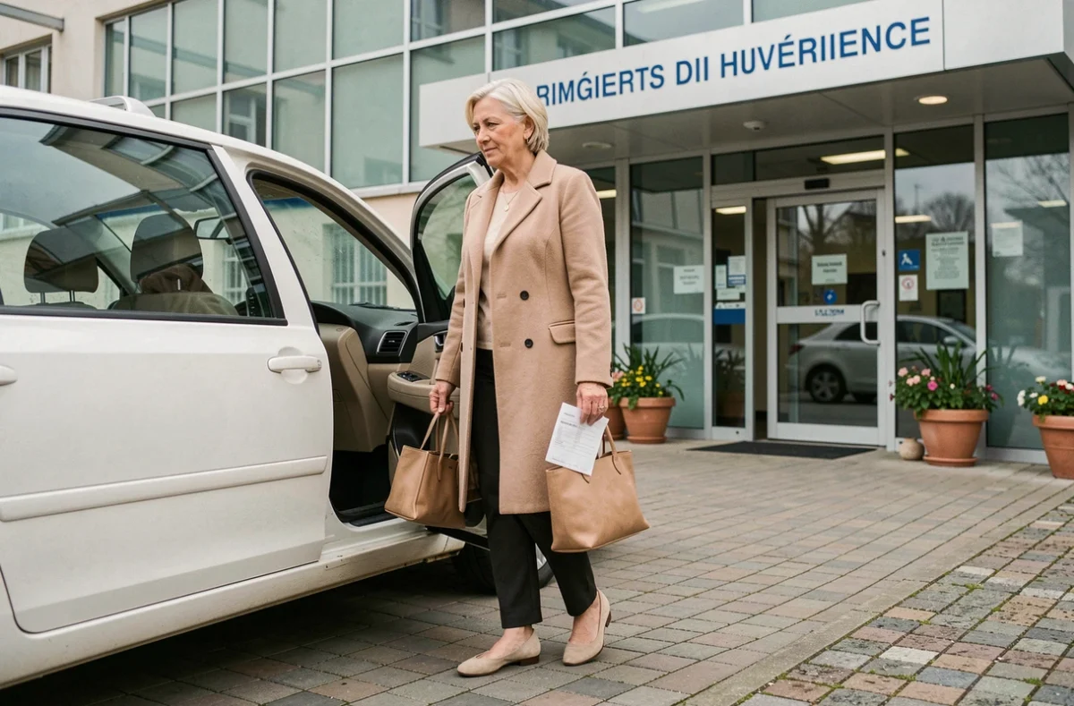 Femme descendant d'un taxi conventionné devant l'entrée d'un hôpital, tenant une ordonnance médicale, façade hospitalière en arrière-plan