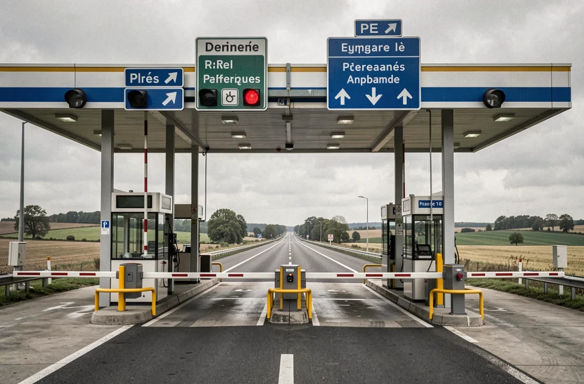 Barrière de péage autoroutier levée sur une autoroute française, symbolisant la gratuité des autoroutes en 2026