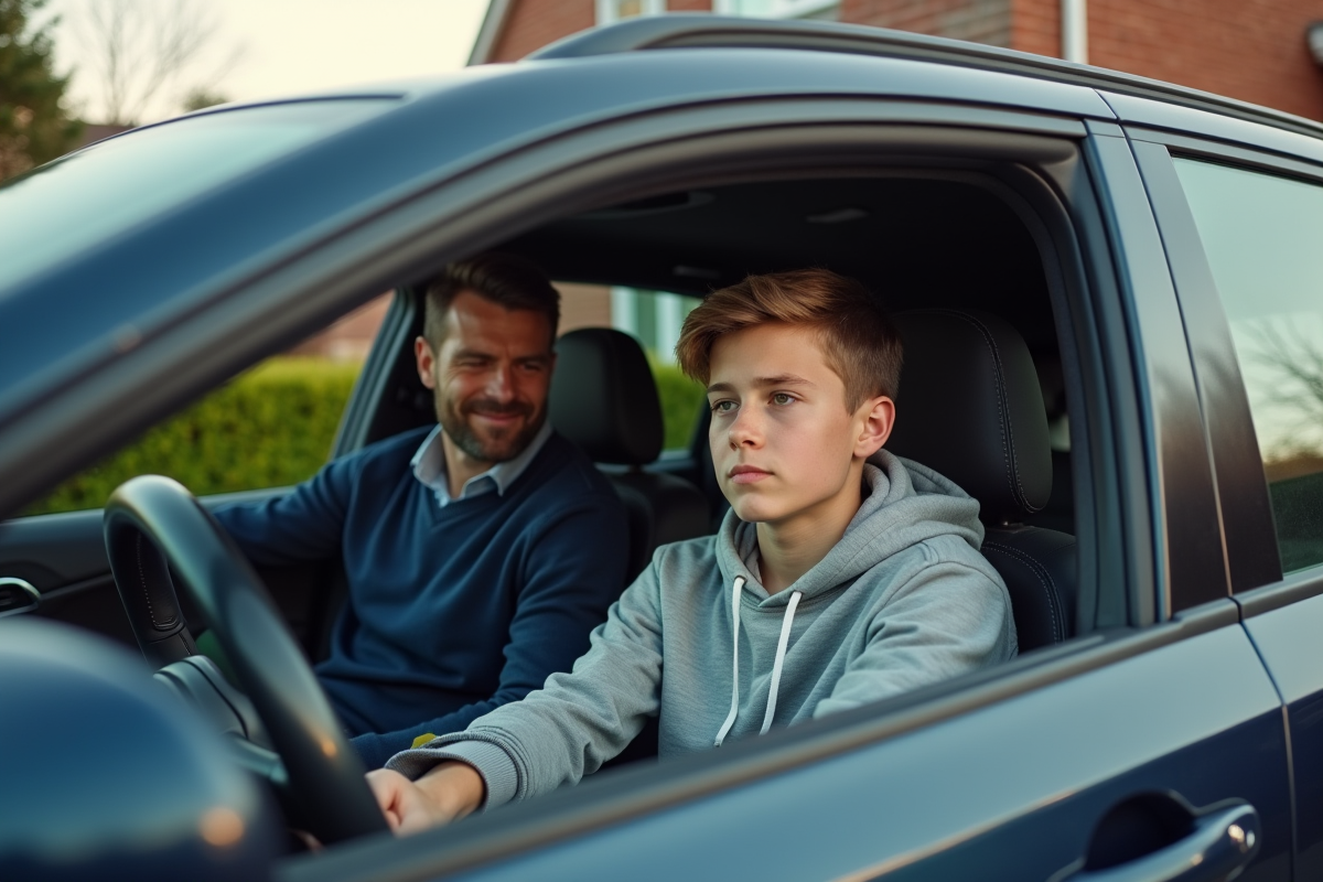 Père et fils dans une voiture familiale en extérieur