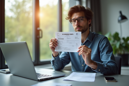 Personne tenant un certificat d'immatriculation française dans un bureau moderne