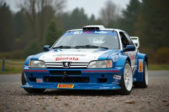 Peugeot 306 Maxi kit car en livrée rally blanc et bleu garée sur une zone de service en gravier