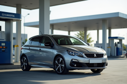Peugeot 308 2021 station service moderne en plein jour