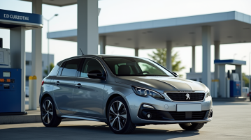 Peugeot 308 2021 station service moderne en plein jour