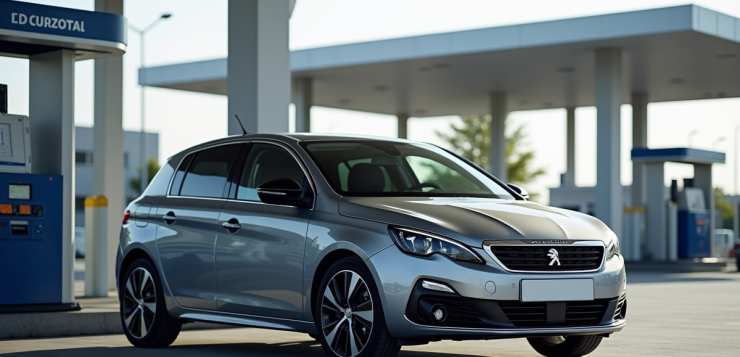Peugeot 308 2021 station service moderne en plein jour