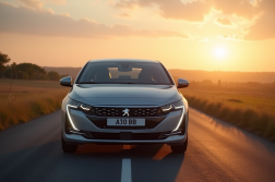 Peugeot 308 hybride moderne au lever du soleil en campagne