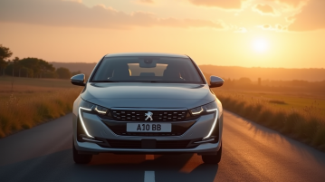 Peugeot 308 hybride moderne au lever du soleil en campagne