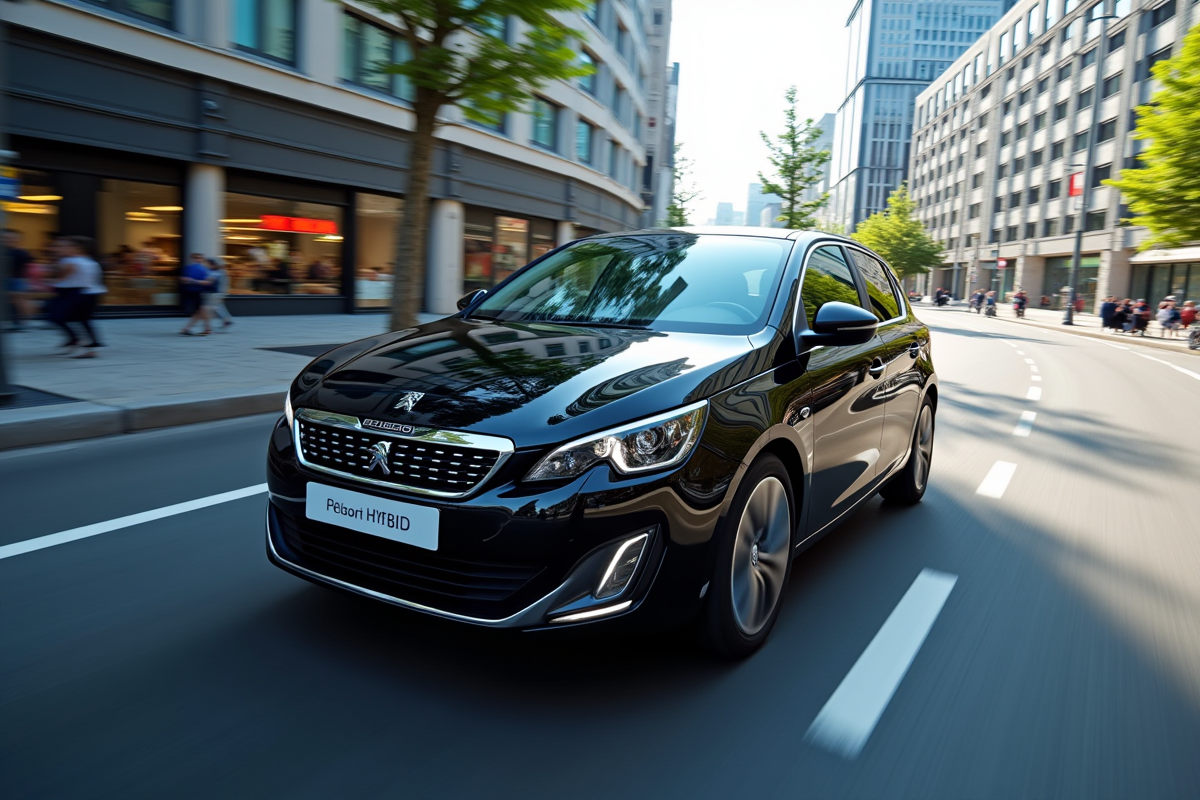 Peugeot 308 hybride en ville avec reflets urbains en journée