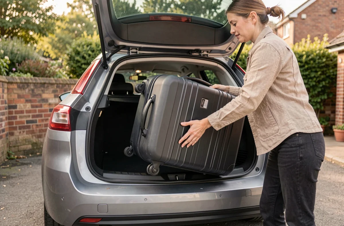 Femme chargeant une valise dans le coffre d'une Peugeot 308 SW phase 2, illustration de la capacité de chargement