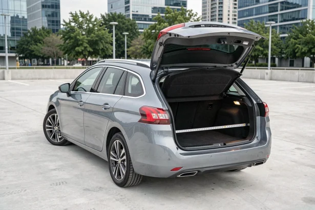 Coffre ouvert de la Peugeot 308 SW phase 2 avec volume de chargement visible et ruban mesureur