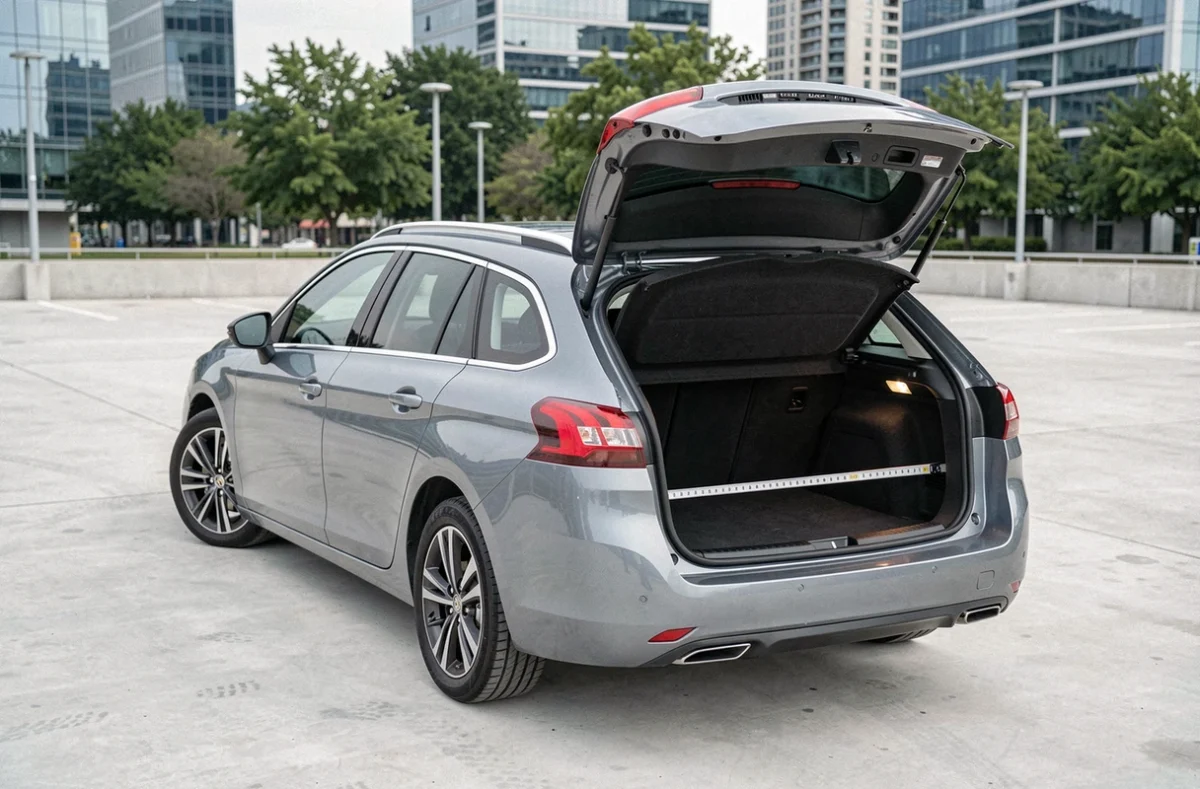 Coffre ouvert de la Peugeot 308 SW phase 2 avec volume de chargement visible et ruban mesureur
