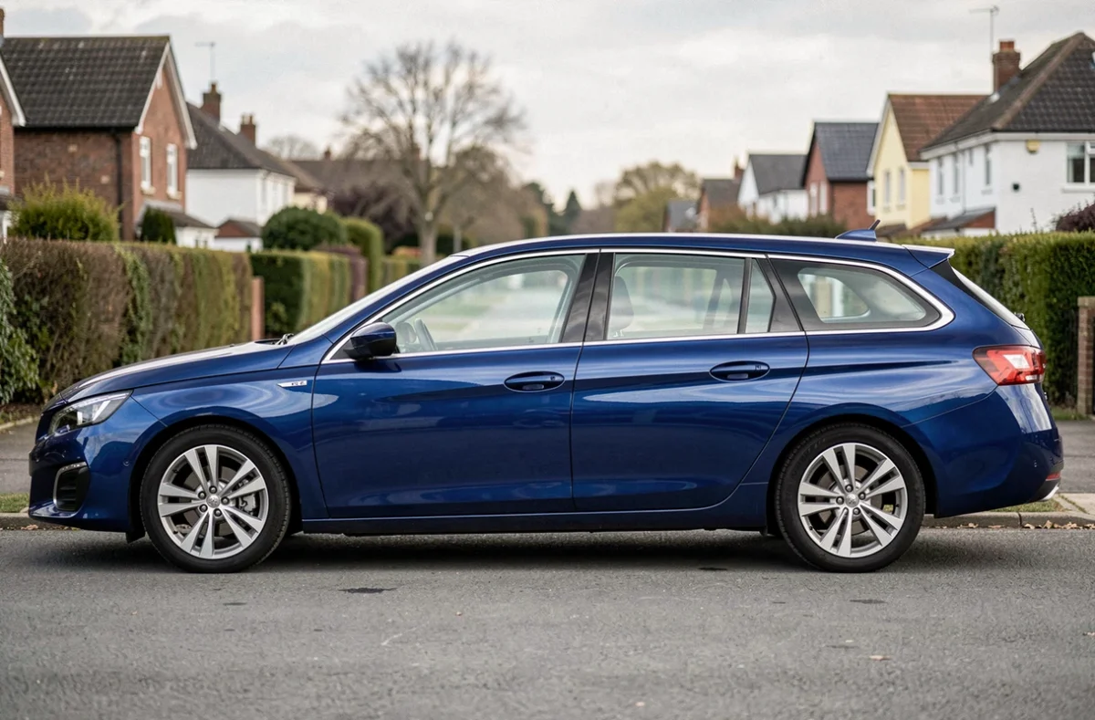 Vue de profil de la Peugeot 308 SW phase 2 en bleu métallisé montrant les dimensions extérieures complètes