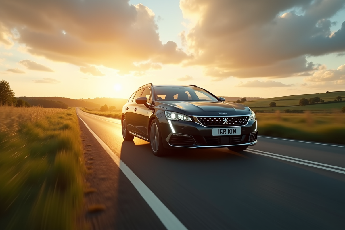 Peugeot 508 SW en campagne au lever du soleil