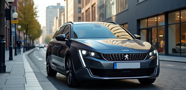 Peugeot 508 SW en ville avec reflets urbains