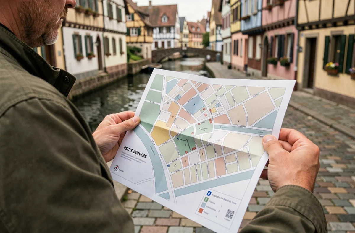 Homme consultant un plan d'accès imprimé du parking Rapp avec vue sur les ruelles typiques de Colmar en arrière-plan