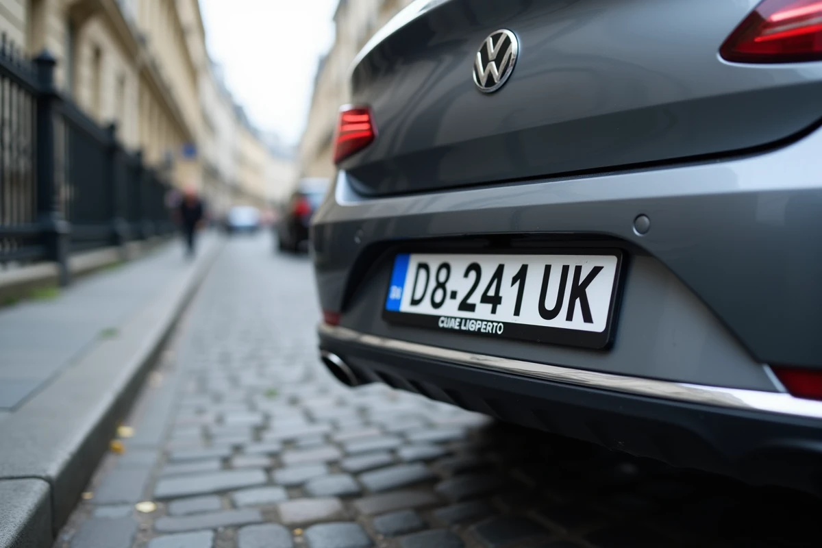 Gros plan sur une plaque d'immatriculation française sur une voiture garée dans une rue parisienne