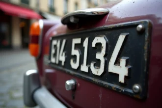 Gros plan sur une plaque d'immatriculation noire de style rétro sur une voiture garée en ville, fond flou de rue pavée