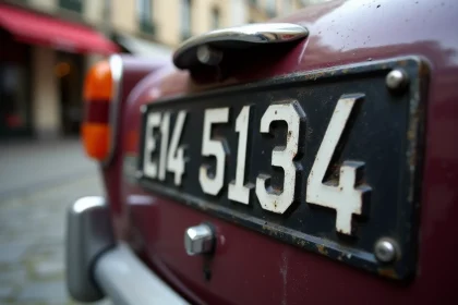 Gros plan sur une plaque d'immatriculation noire de style rétro sur une voiture garée en ville, fond flou de rue pavée
