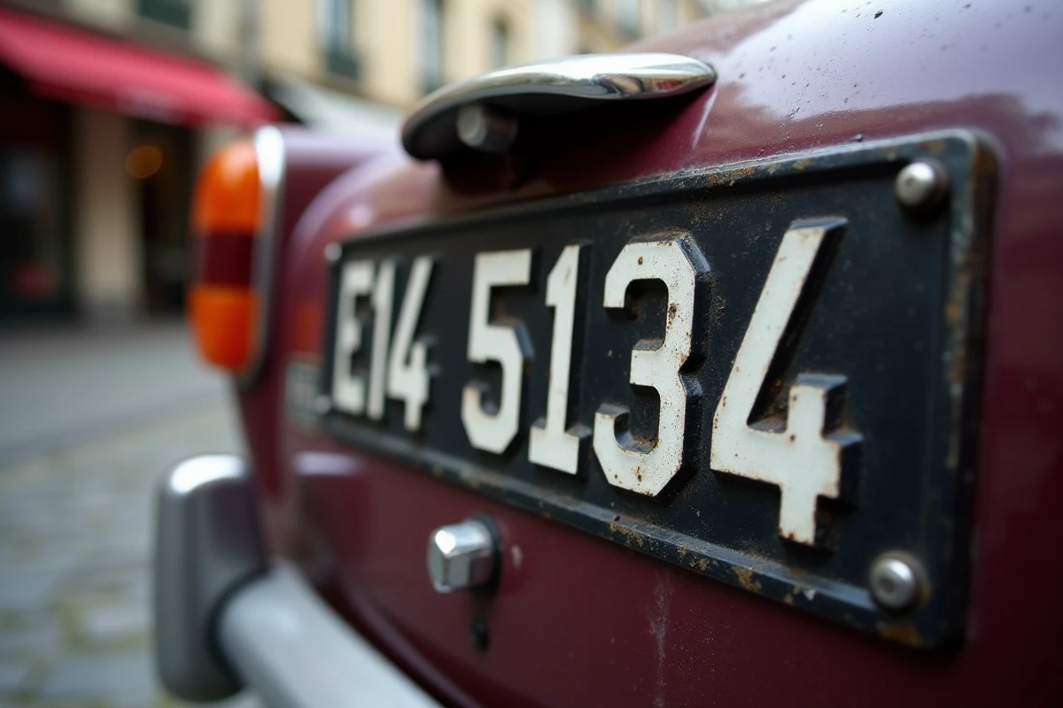 Gros plan sur une plaque d'immatriculation noire de style rétro sur une voiture garée en ville, fond flou de rue pavée