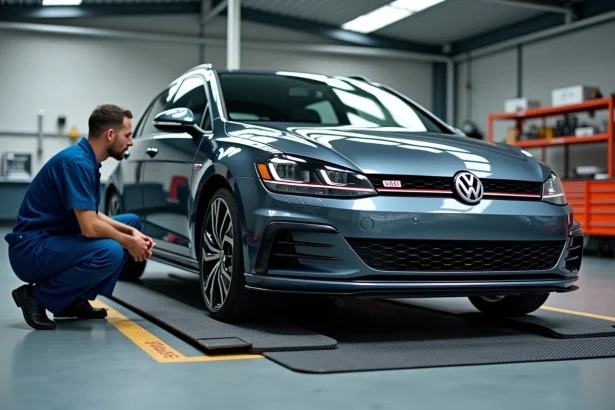 Volkswagen Golf 7 grise sur une balance de pesée dans un atelier automobile moderne avec technicien