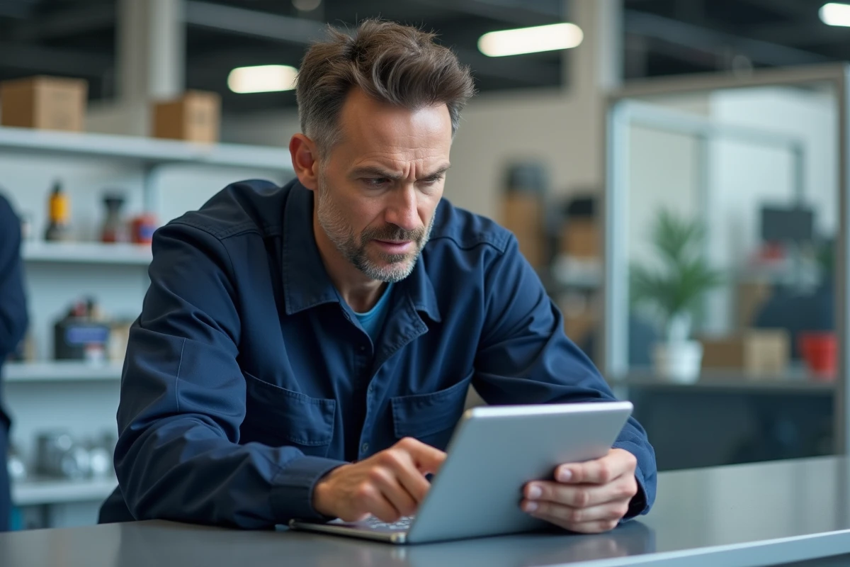 Professionnel de l'automobile consultant un logiciel de documentation sur tablette dans un atelier moderne
