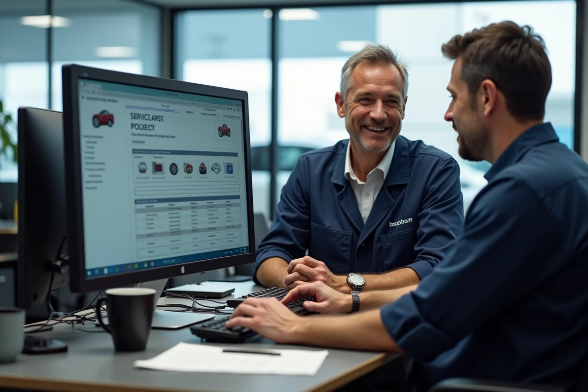 Deux professionnels de la concession automobile collaborant sur un logiciel de gestion documentaire véhicule